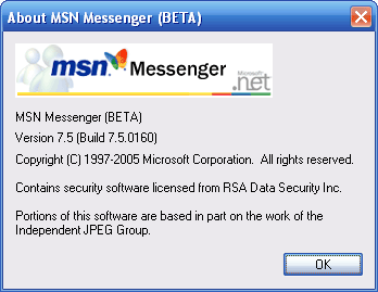 MSN Messenger 7.5 BETA About Dialog Screenshot