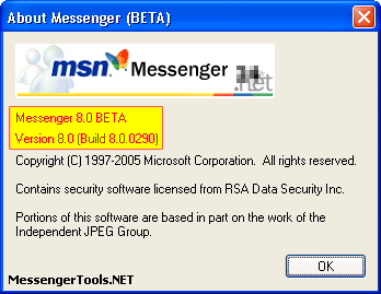 Messenger 8.0 Build 8.0.0290 About Dialog