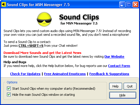 Screenshot of Sound Clips for MSN Messenger